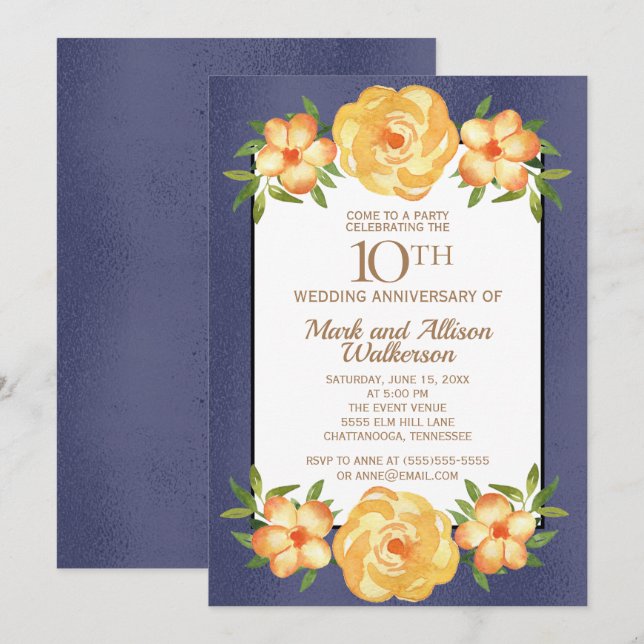 Iridescent Navy Blue 10th Wedding Anniversary Invitation (Front/Back)