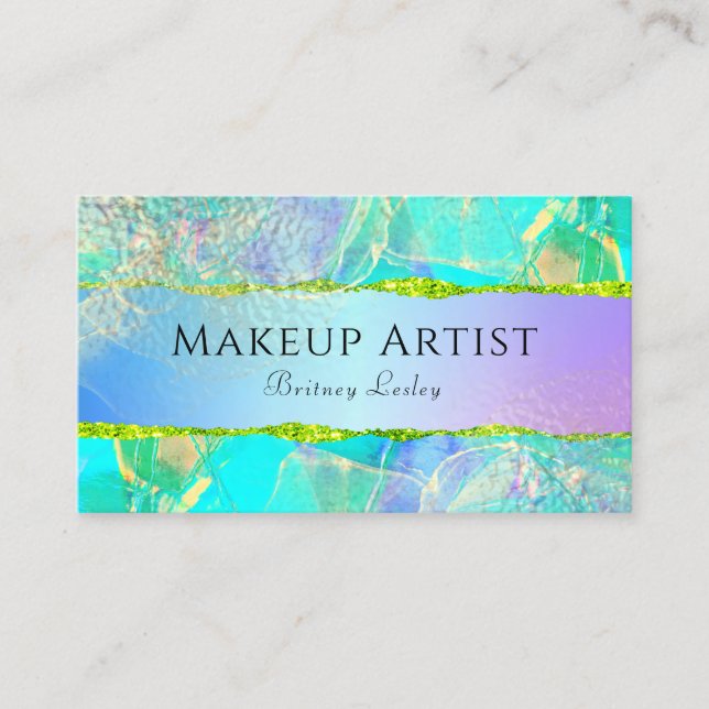 Iridescent Pastel Green Blue Gold Liquid Business Card (Front)