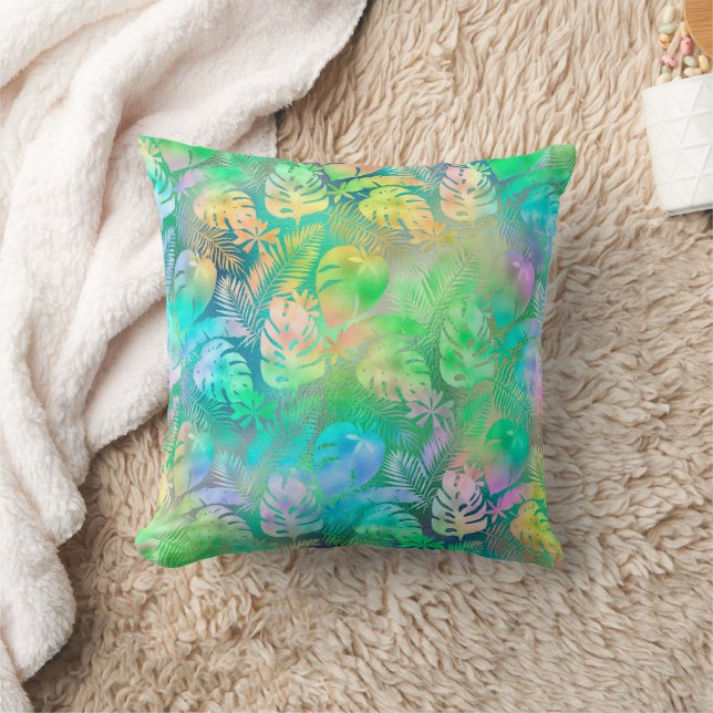 Iridescent Pastel Pink Purple Blue Tropical Leaves Cushion (Blanket)