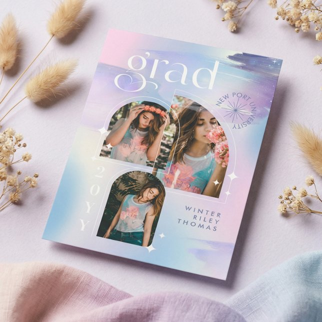 Iridescent Pastel Watercolor Starry 3 Photo Grad Invitation (Iridescent Pastel Watercolor Starry 3 Photo Grad Invitation)