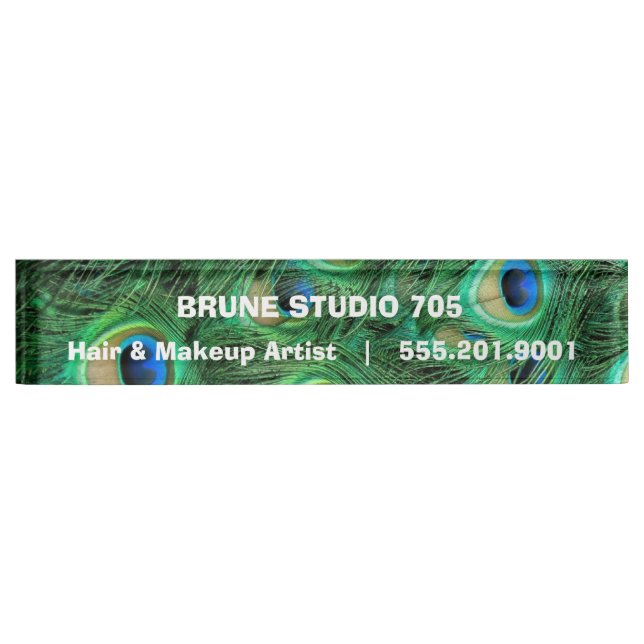 Iridescent Peacock Feathers for Beauty Salon Nameplate (Front)