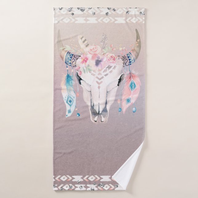 Iridescent Pearl Boho Chic Skull Glam Floral Horns Bath Towel Set (Bath Towel)