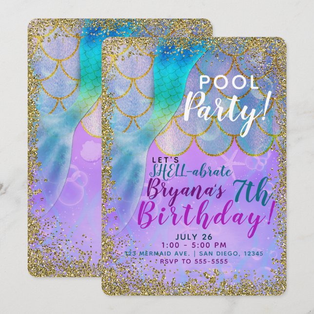 Iridescent Pearl Glitter Mermaid Birthday Party Invitation (Front/Back)