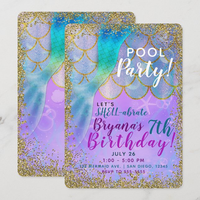 Iridescent Pearl Glitter Mermaid Birthday Party Invitation (Front/Back)