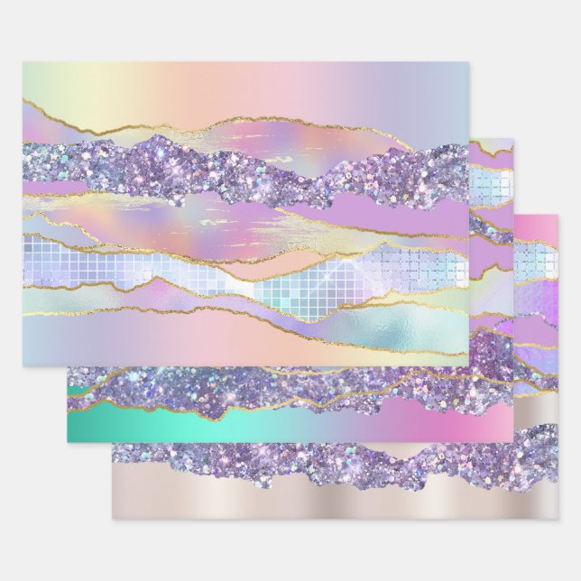 Iridescent pink blue shiny foil glitter classy  wrapping paper sheet (Set)