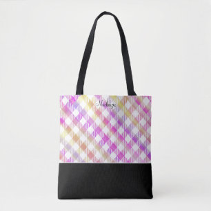 Iridescent Pink Gingham Pattern with Monogram Tote Bag
