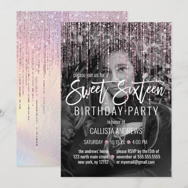Iridescent Pink Glitter Fringe Photo Sweet 16 Invitation (Front/Back)
