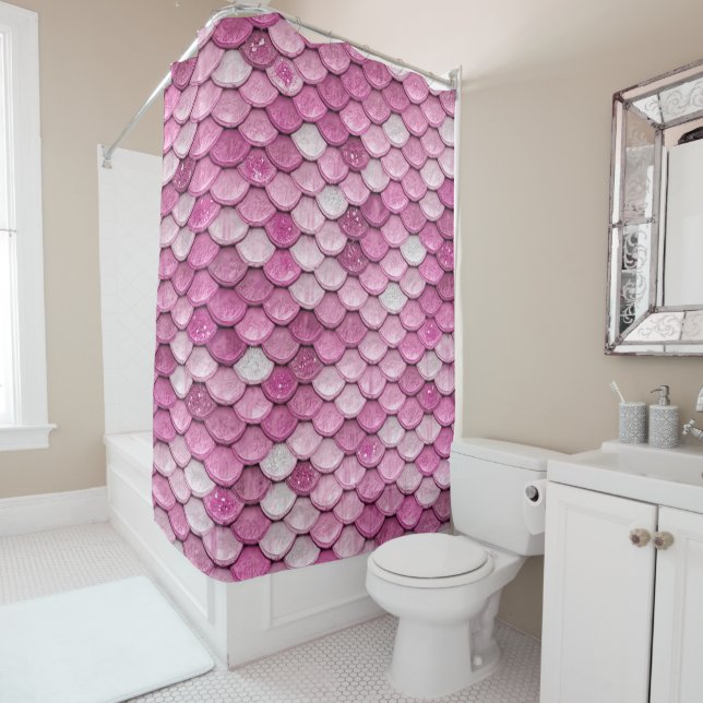 Iridescent Pink Glitter Shiny Mermaid Fish Scales Shower Curtain (In Situ)