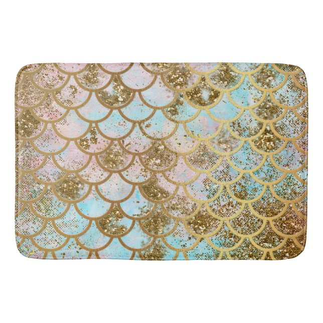 Iridescent Pink Gold Glitter Mermaid Fish Scales Bath Mat (Front)