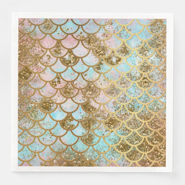 Iridescent Pink Gold Glitter Mermaid Fish Scales Napkin (Front)