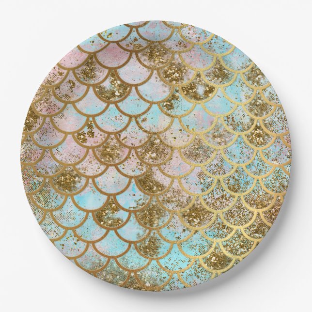 Iridescent Pink Gold Glitter Mermaid Fish Scales Paper Plate (Front)