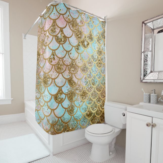 Iridescent Pink Gold Glitter Mermaid Fish Scales Shower Curtain (In Situ)