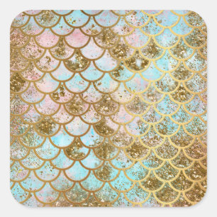 Iridescent Pink Gold Glitter Mermaid Fish Scales Square Sticker