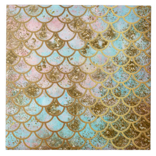 Iridescent Pink Gold Glitter Mermaid Fish Scales Tile