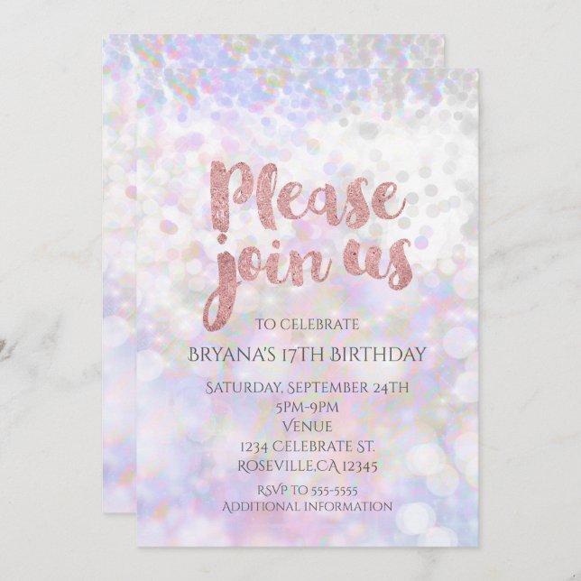 Iridescent Pink Sparkle Glam Party Invitations (Front/Back)