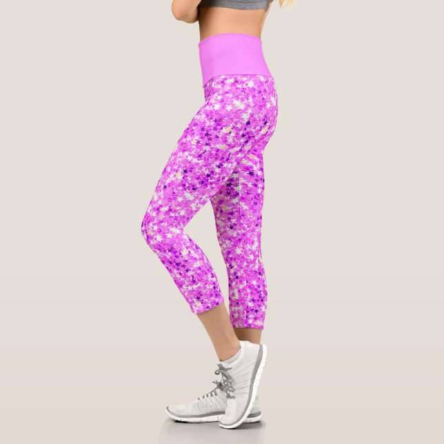 Iridescent Pink Star Glitters Capri Leggings (Left)