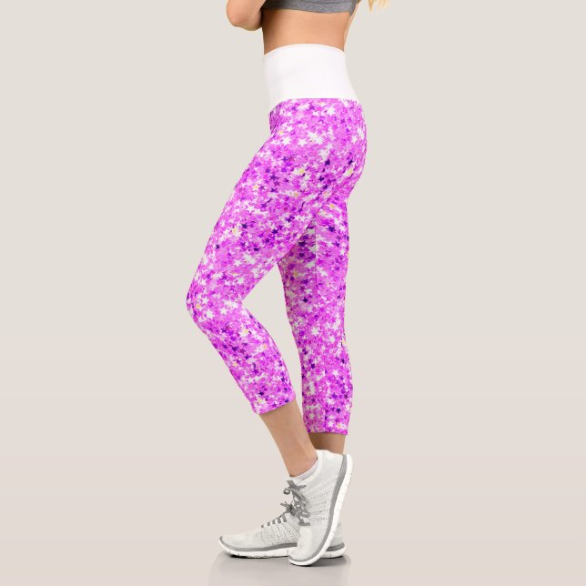 Iridescent Pink Star Glitters Capri Leggings (Left)