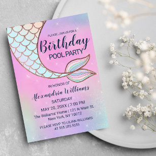 Iridescent Pink Teal Mermaid Tail Pool Birthday Invitation Postcard