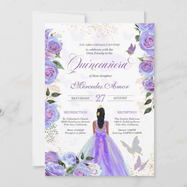 Iridescent Purple Butterflies Mariposa Quinceanera Invitation (Front)