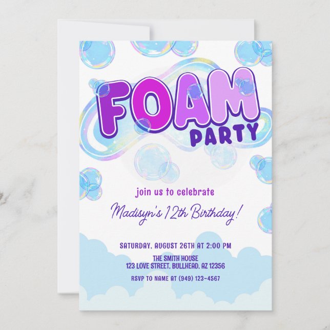 Iridescent Purple Foam Party Birthday Invitation (Front)
