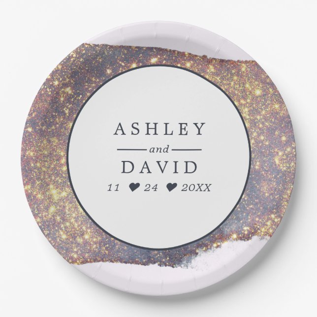 Iridescent Purple Gold Glitter Wedding Paper Plate (Front)