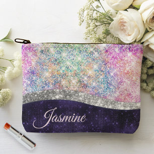 iridescent purple silver faux glitter monogram accessory pouch
