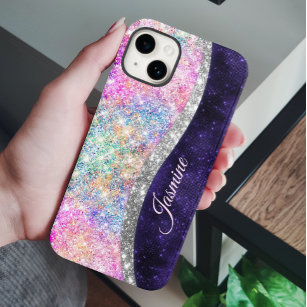iridescent purple silver faux glitter monogram Case-Mate iPhone 14 case