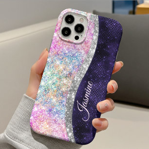 iridescent purple silver faux glitter monogram iPhone 13 case