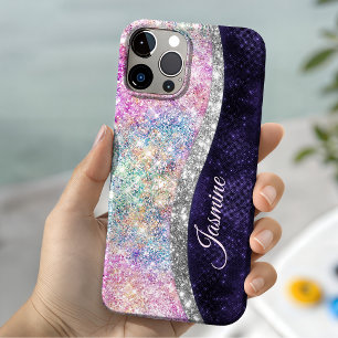 iridescent purple silver faux glitter monogram iPhone 13 case