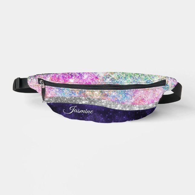 iridescent purple silver faux glitter monogram  du bum bags (Front)