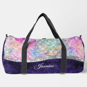 iridescent purple silver faux glitter monogram duffle bag