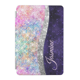 iridescent purple silver faux glitter monogram iPa iPad Mini Cover