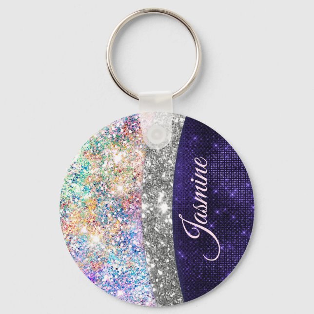 iridescent purple silver faux glitter monogram key key ring (Front)