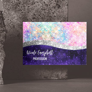 iridescent purple silver faux glitter monogram Magnetic business card