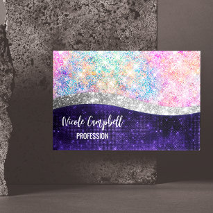 iridescent purple silver faux glitter monogram 	Magnetic business card
