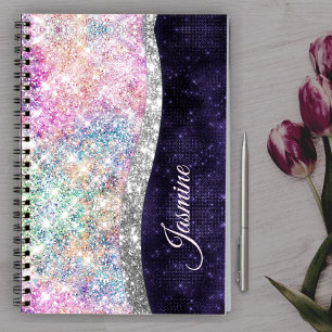 iridescent purple silver faux glitter monogram notebook