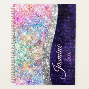 iridescent purple silver faux glitter monogram pla planner