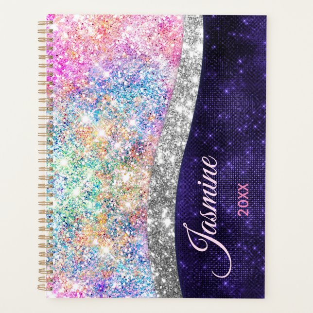 iridescent purple silver faux glitter monogram pla planner (Front)