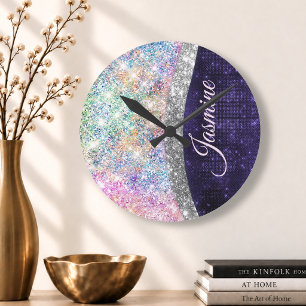 iridescent purple silver faux glitter monogram round clock