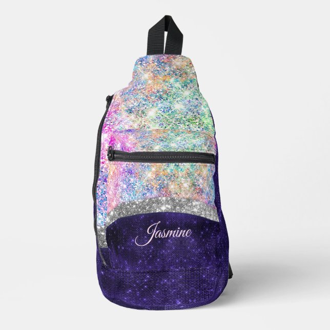 iridescent purple silver faux glitter monogram sling bag (Front)