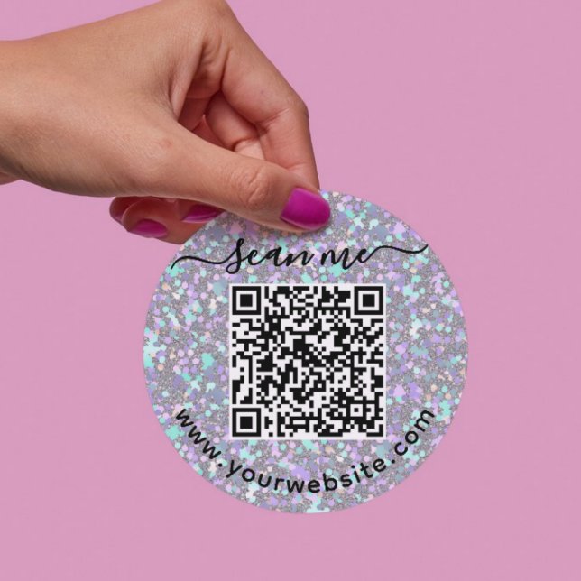 Iridescent  QR code and custom text round Sticker (Creator Uploaded)