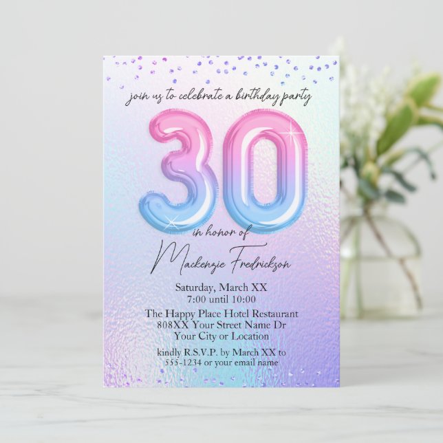 Iridescent Rainbow Balloons 30th Birthday Invitation (Standing Front)
