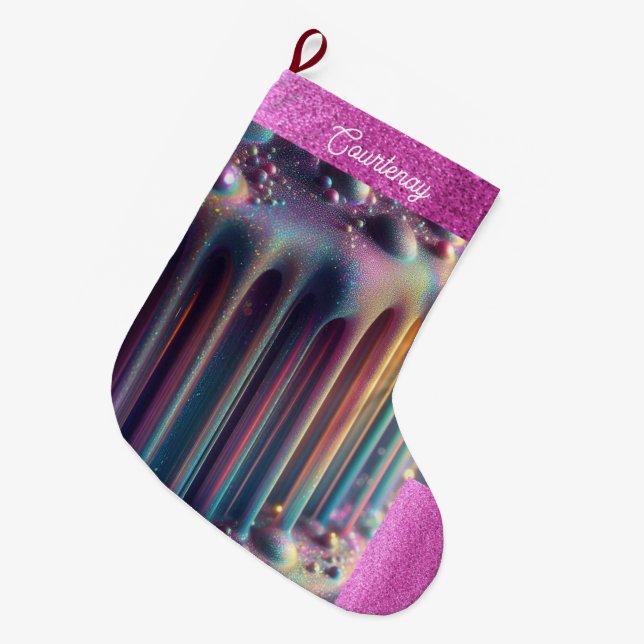 Iridescent Rainbow Colours Personalised Glitter Large Christmas Stocking (Front (Hanging))