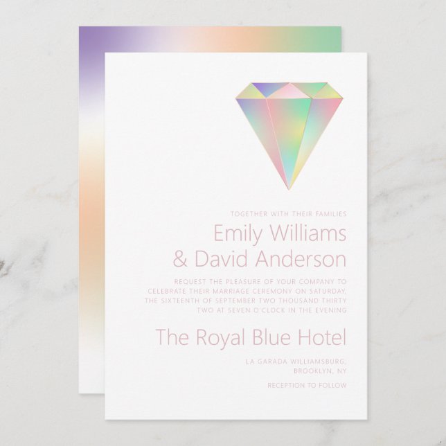 Iridescent Rainbow Diamond Rose Gold Wedding  Invitation (Front/Back)