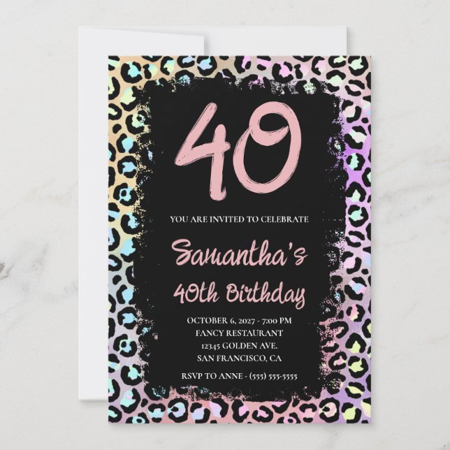 Iridescent Rainbow Leopard Pink 40th Birthday Invitation (Front)
