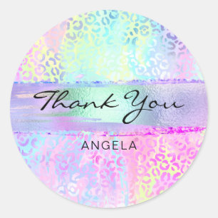 Iridescent Rainbow Leopard Pink Thank You Classic Round Sticker