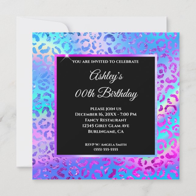 Iridescent Rainbow Ombre Leopard Foil Birthday Invitation (Front)