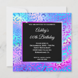 Iridescent Rainbow Ombre Leopard Foil Birthday Invitation