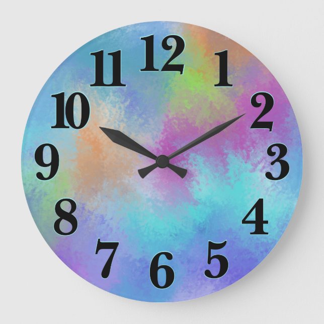 Iridescent Rainbow Watercolor Holi Abstraction Large Clock (Front)