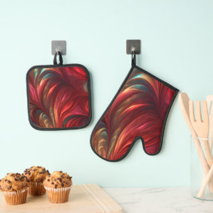Iridescent Red Abstract Swirl Oven Mitt & Pot Holder Set
